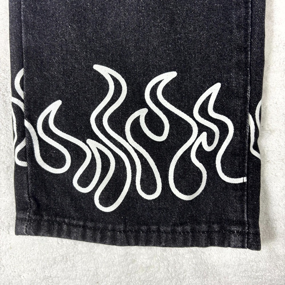 Flame Graphic Jeans Mens Small Black Straight Leg Streetwear Skate Y2K Festival - Picture 3 of 11